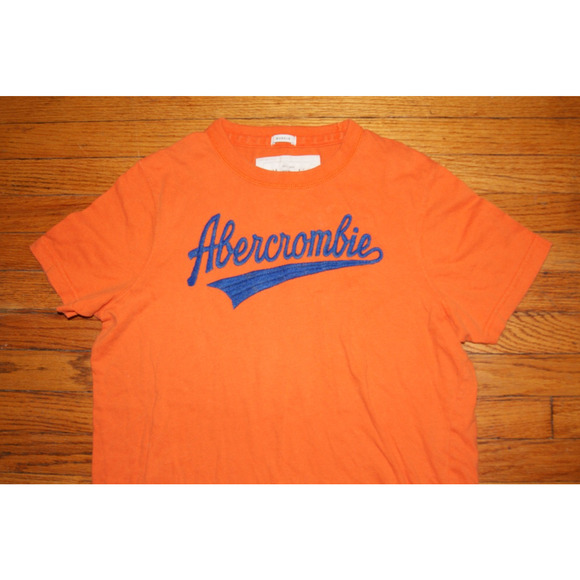 Vintage Y2K Abercrombie Orange M Muscle TShirt Blue Embroidered Script Spell Out - Picture 1 of 6